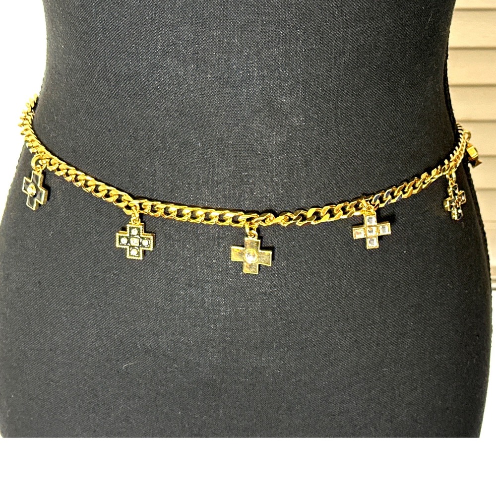 Vtg 90s St John Gold Plate Maltese Cross Charm Belt Swarovski Crystals Enamel